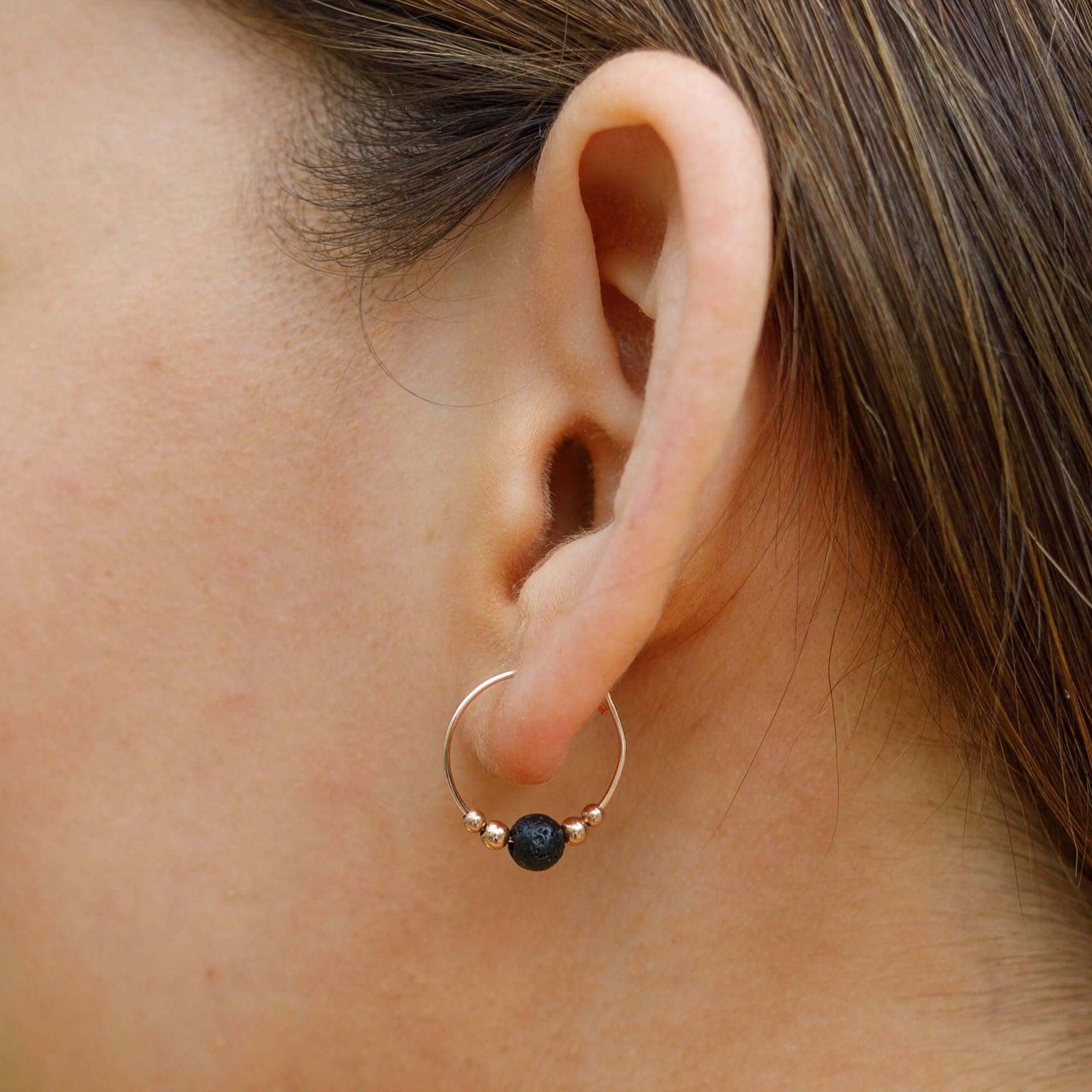 Tiny Lava Gemstone Bead Hoop Earrings - Tiny Lava Gemstone Bead Hoop Earrings - 14k Gold Fill - Luna Tide Handmade Crystal Jewellery