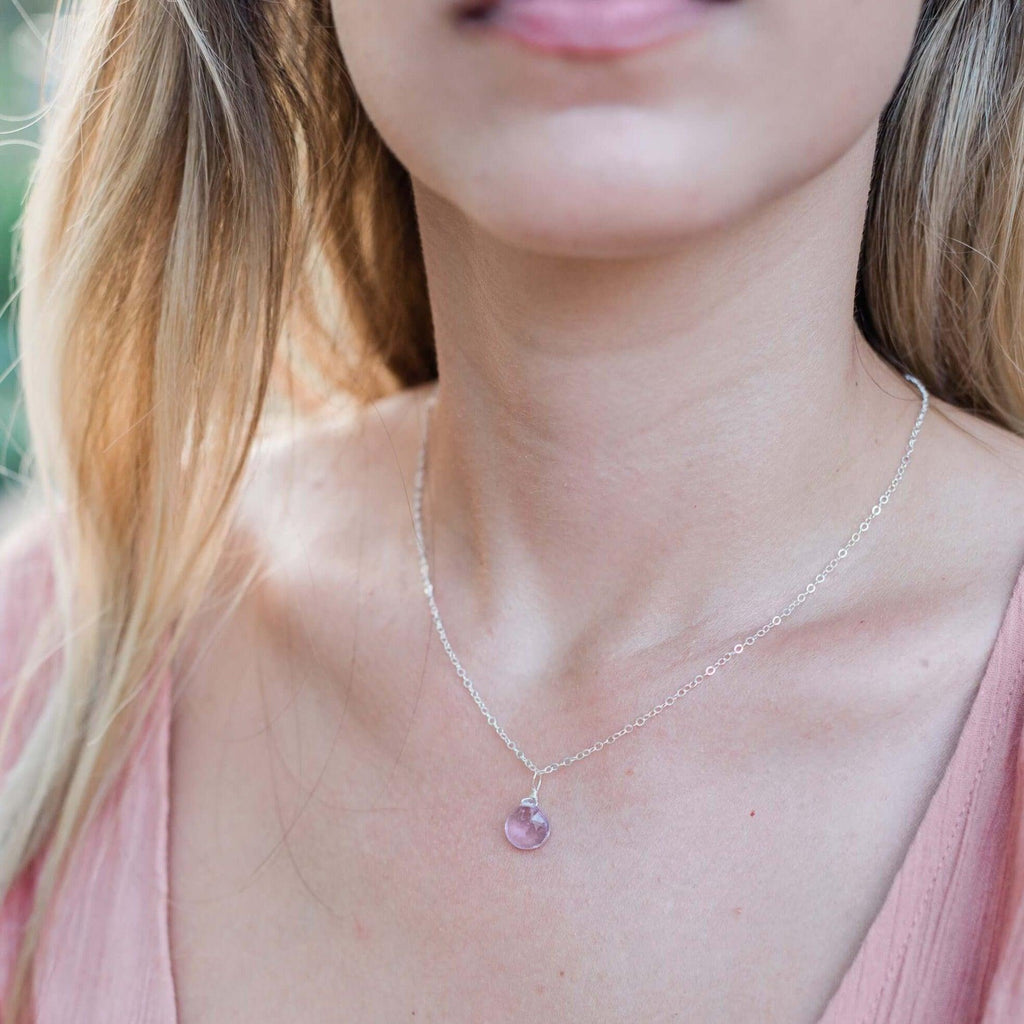 Tiny Pink Amethyst Teardrop Crystal Necklace - Tiny Pink Amethyst Teardrop Crystal Necklace - Sterling Silver / Cable - Luna Tide Handmade Crystal Jewellery