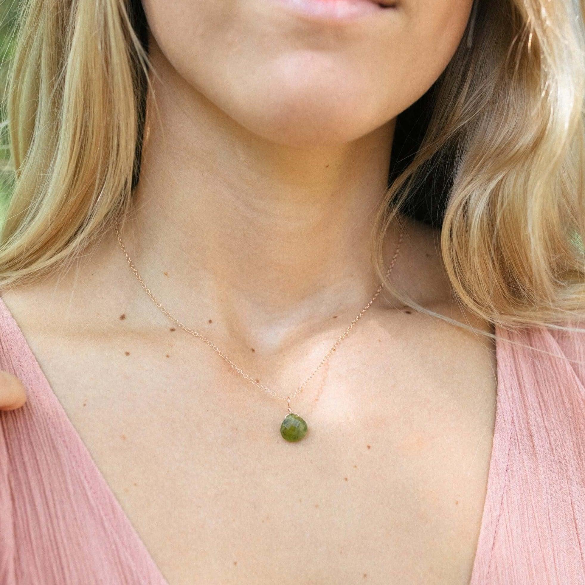 Tiny Peridot Teardrop Crystal Necklace - Tiny Peridot Teardrop Crystal Necklace - Sterling Silver / Cable - Luna Tide Handmade Crystal Jewellery