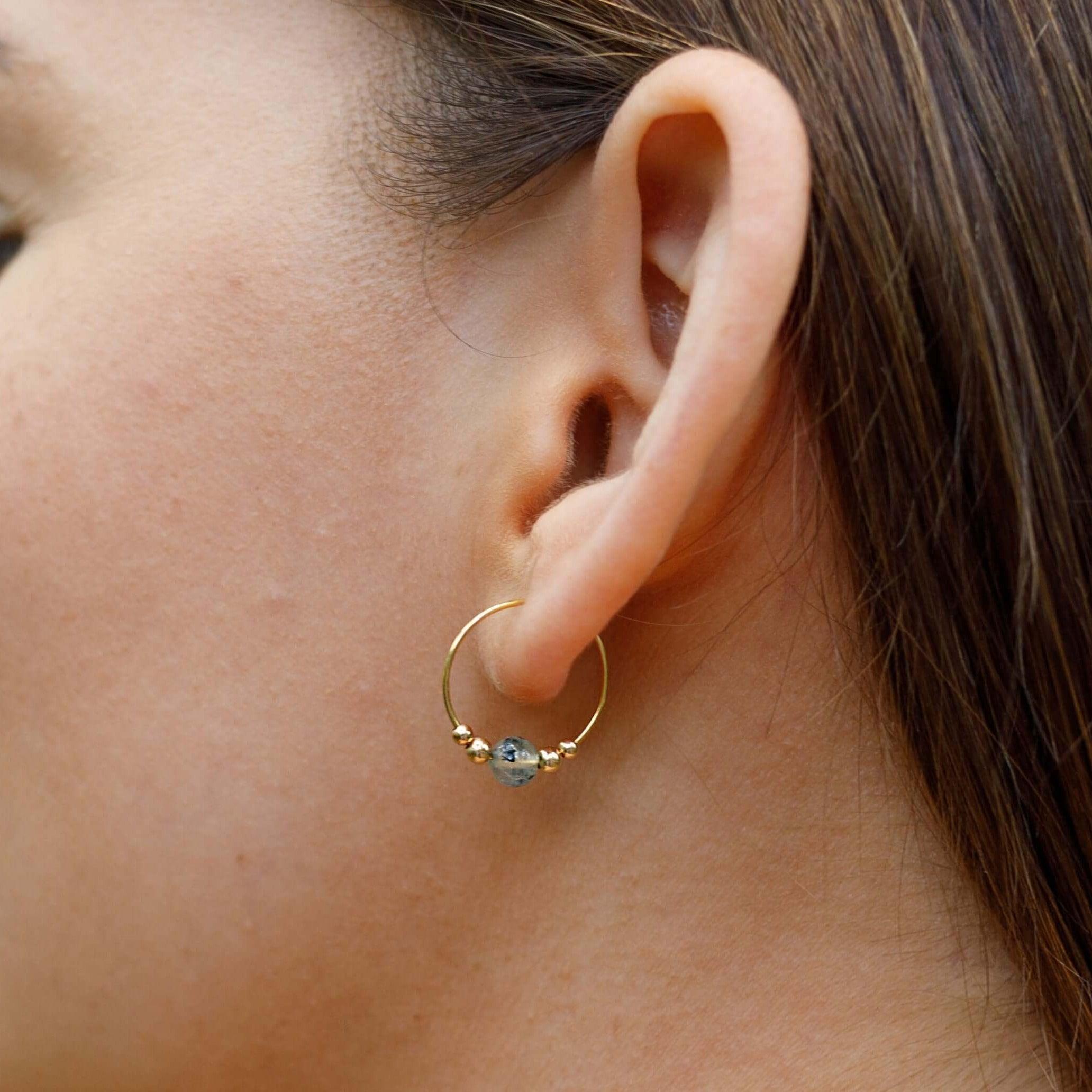 Tiny Prehnite Gemstone Bead Hoop Earrings - Tiny Prehnite Gemstone Bead Hoop Earrings - 14k Gold Fill - Luna Tide Handmade Crystal Jewellery