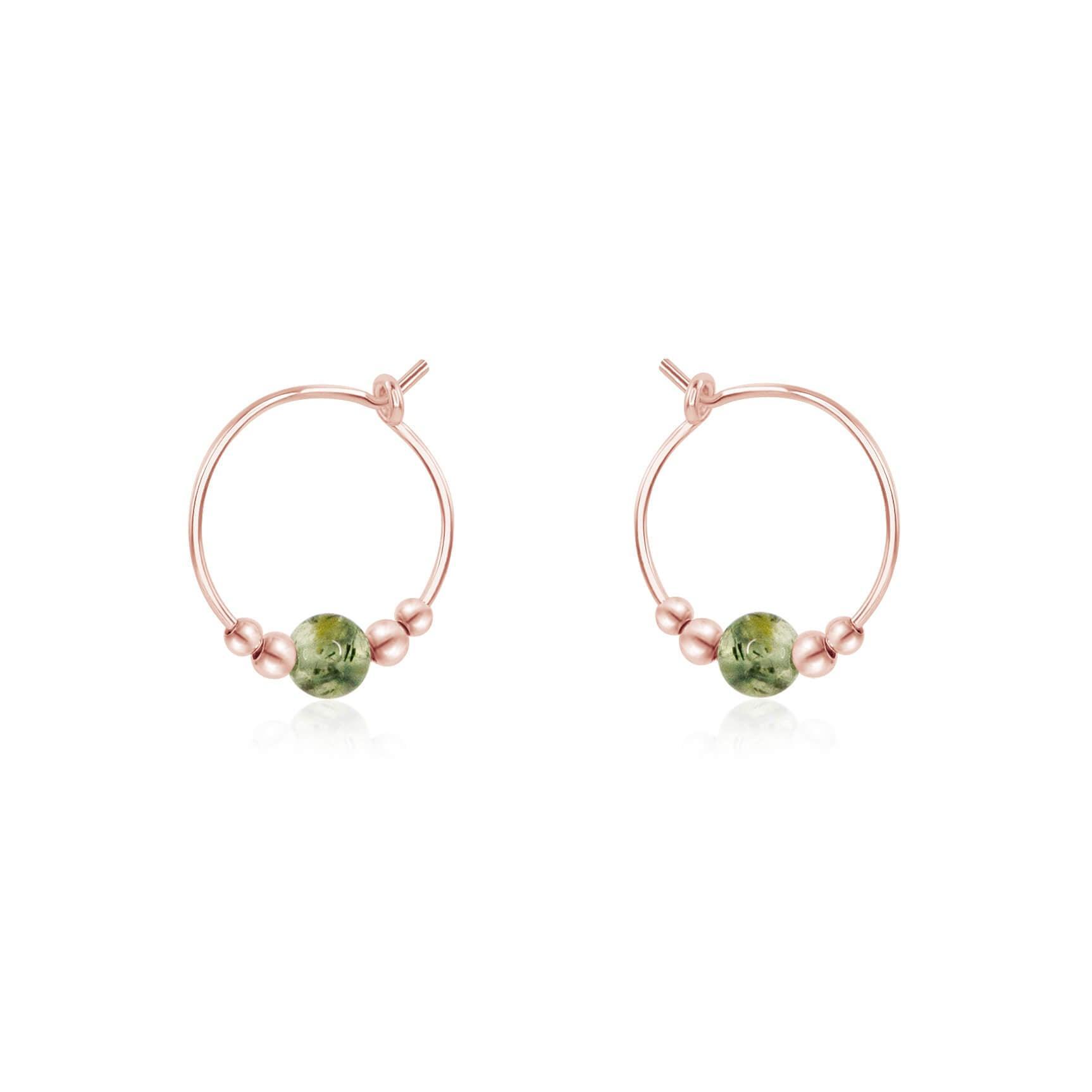Tiny Prehnite Gemstone Bead Hoop Earrings - Tiny Prehnite Gemstone Bead Hoop Earrings - 14k Rose Gold Fill - Luna Tide Handmade Crystal Jewellery