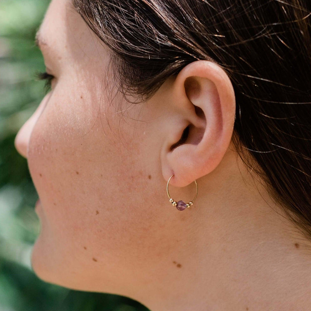 Tiny Purple Amethyst Bead Hoop Earrings - Tiny Purple Amethyst Bead Hoop Earrings - Sterling Silver - Luna Tide Handmade Crystal Jewellery