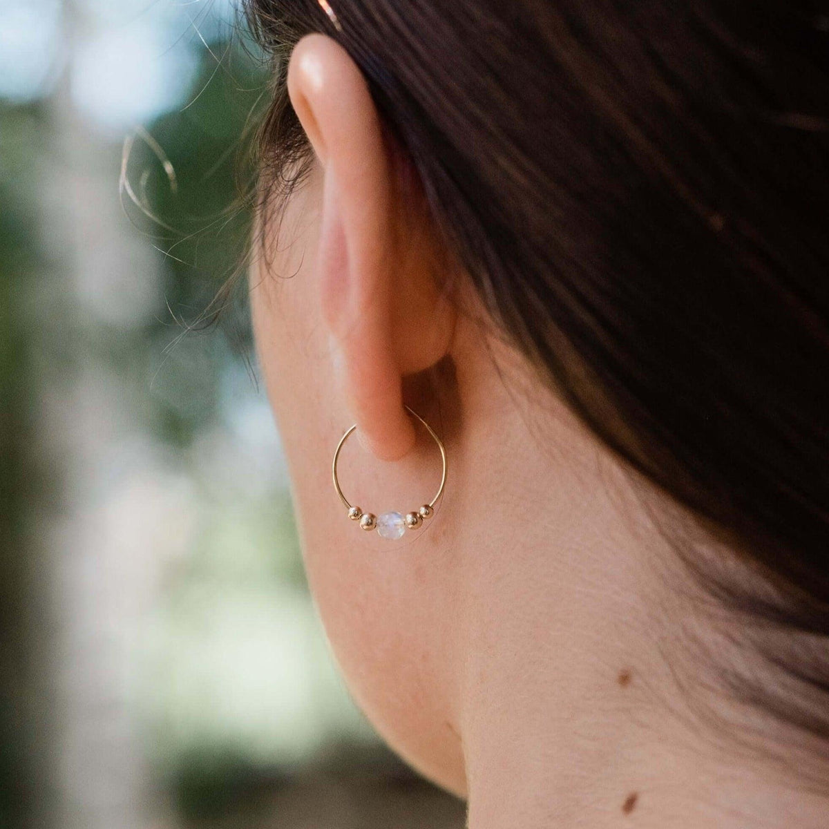 Tiny Rainbow Moonstone Bead Hoop Earrings - Tiny Rainbow Moonstone Bead Hoop Earrings - 14k Gold Fill - Luna Tide Handmade Crystal Jewellery