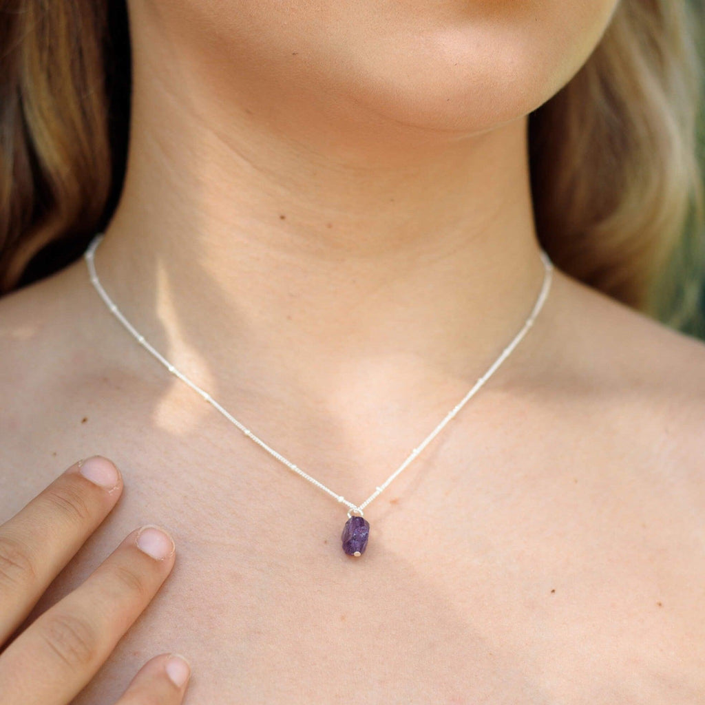 Tiny Raw Amethyst Pendant Necklace - Tiny Raw Amethyst Pendant Necklace - Sterling Silver / Cable - Luna Tide Handmade Crystal Jewellery