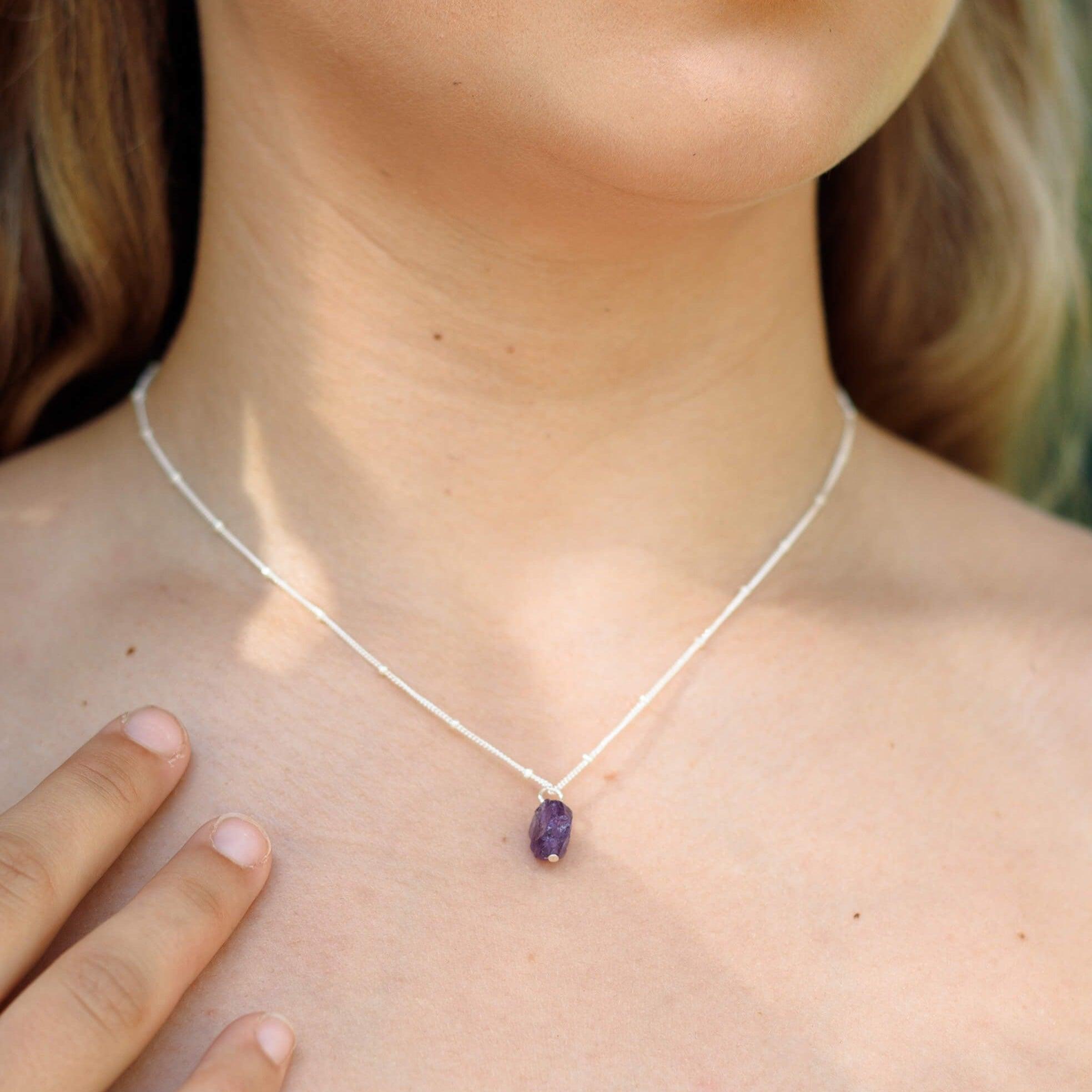 Tiny Raw Amethyst Pendant Necklace - Tiny Raw Amethyst Pendant Necklace - Sterling Silver / Cable - Luna Tide Handmade Crystal Jewellery