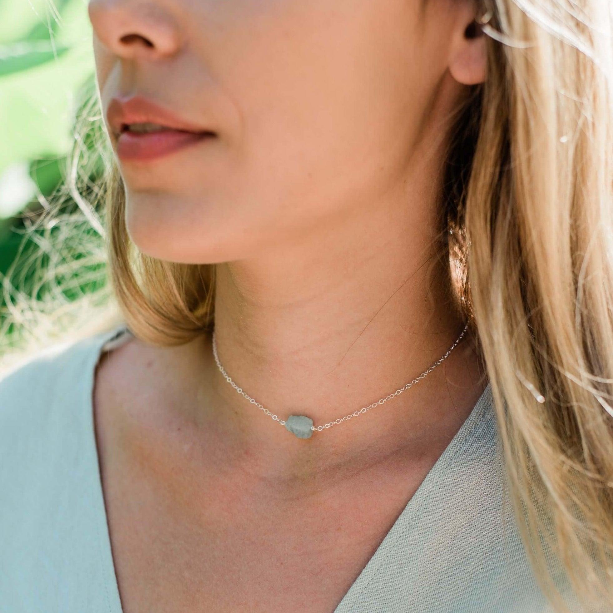Tiny Raw Aquamarine Crystal Nugget Choker - Tiny Raw Aquamarine Crystal Nugget Choker - Sterling Silver - Luna Tide Handmade Crystal Jewellery