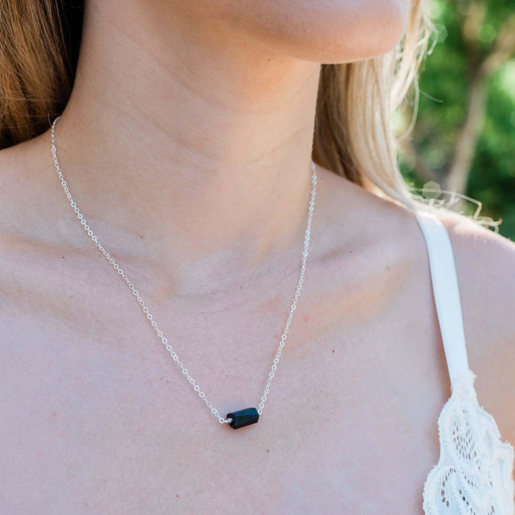 Tiny Raw Black Tourmaline Crystal Nugget Necklace - Tiny Raw Black Tourmaline Crystal Nugget Necklace - Sterling Silver - Luna Tide Handmade Crystal Jewellery