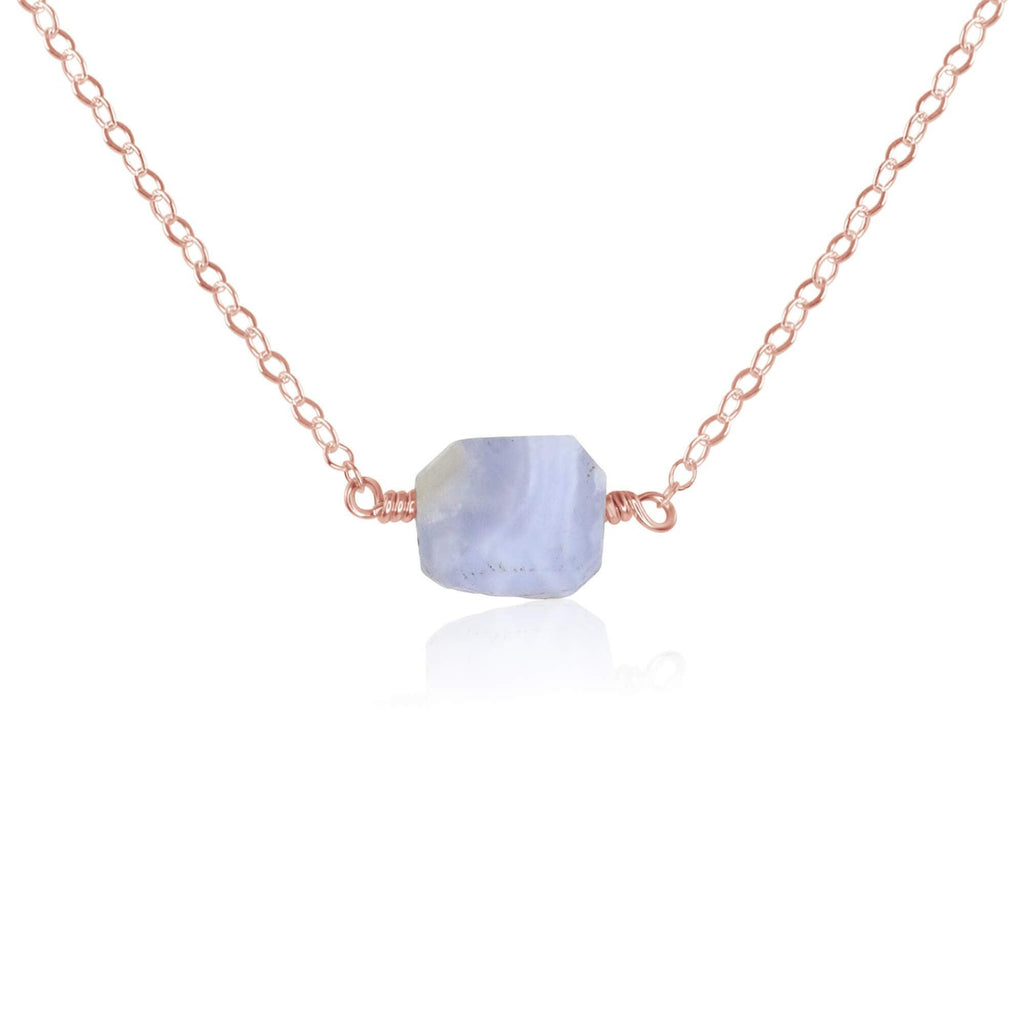 Tiny Raw Blue Lace Agate Crystal Nugget Necklace - Tiny Raw Blue Lace Agate Crystal Nugget Necklace - 14k Rose Gold Fill - Luna Tide Handmade Crystal Jewellery
