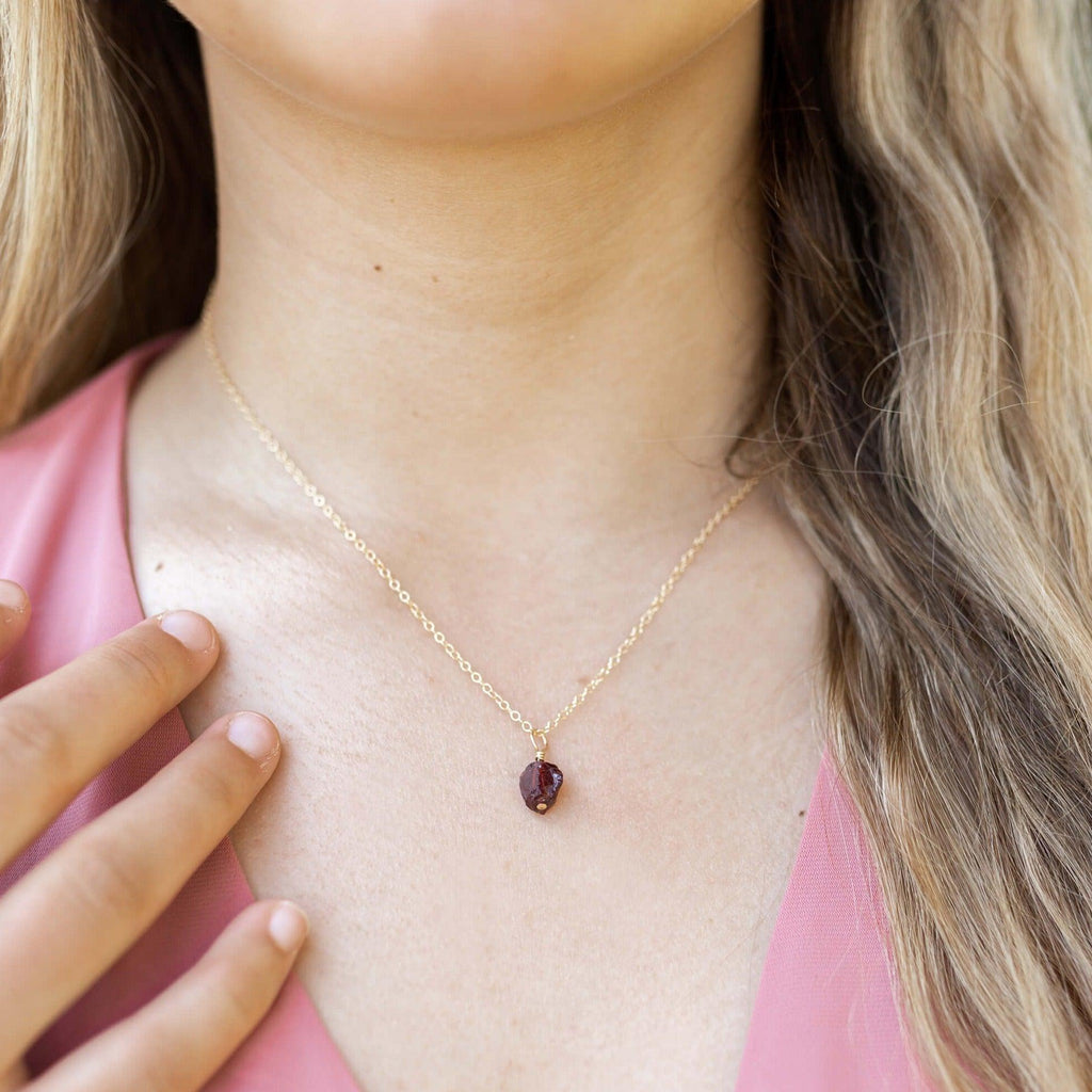 Tiny Raw Garnet Pendant Necklace - Tiny Raw Garnet Pendant Necklace - 14k Gold Fill / Cable - Luna Tide Handmade Crystal Jewellery