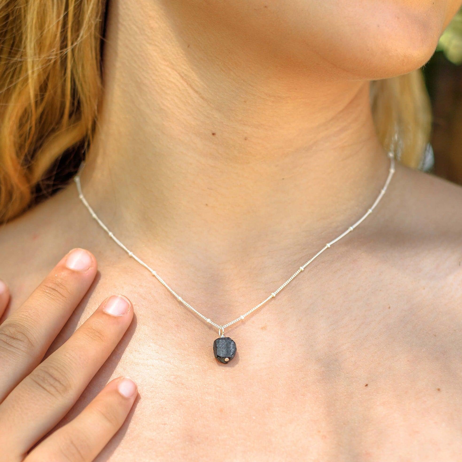 Tiny Raw Obsidian Pendant Necklace - Tiny Raw Obsidian Pendant Necklace - Sterling Silver / Cable - Luna Tide Handmade Crystal Jewellery