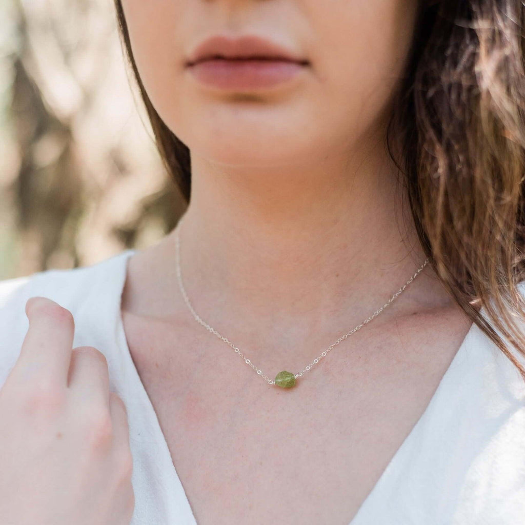 Tiny Raw Peridot Crystal Nugget Necklace - Tiny Raw Peridot Crystal Nugget Necklace - Sterling Silver - Luna Tide Handmade Crystal Jewellery