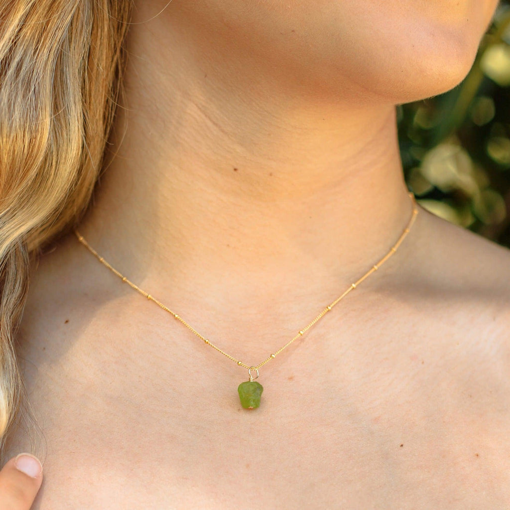 Tiny Raw Peridot Pendant Necklace - Tiny Raw Peridot Pendant Necklace - 14k Gold Fill / Cable - Luna Tide Handmade Crystal Jewellery