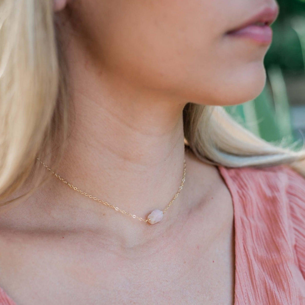 Tiny Raw Pink Peruvian Opal Crystal Nugget Choker - Tiny Raw Pink Peruvian Opal Crystal Nugget Choker - 14k Gold Fill - Luna Tide Handmade Crystal Jewellery