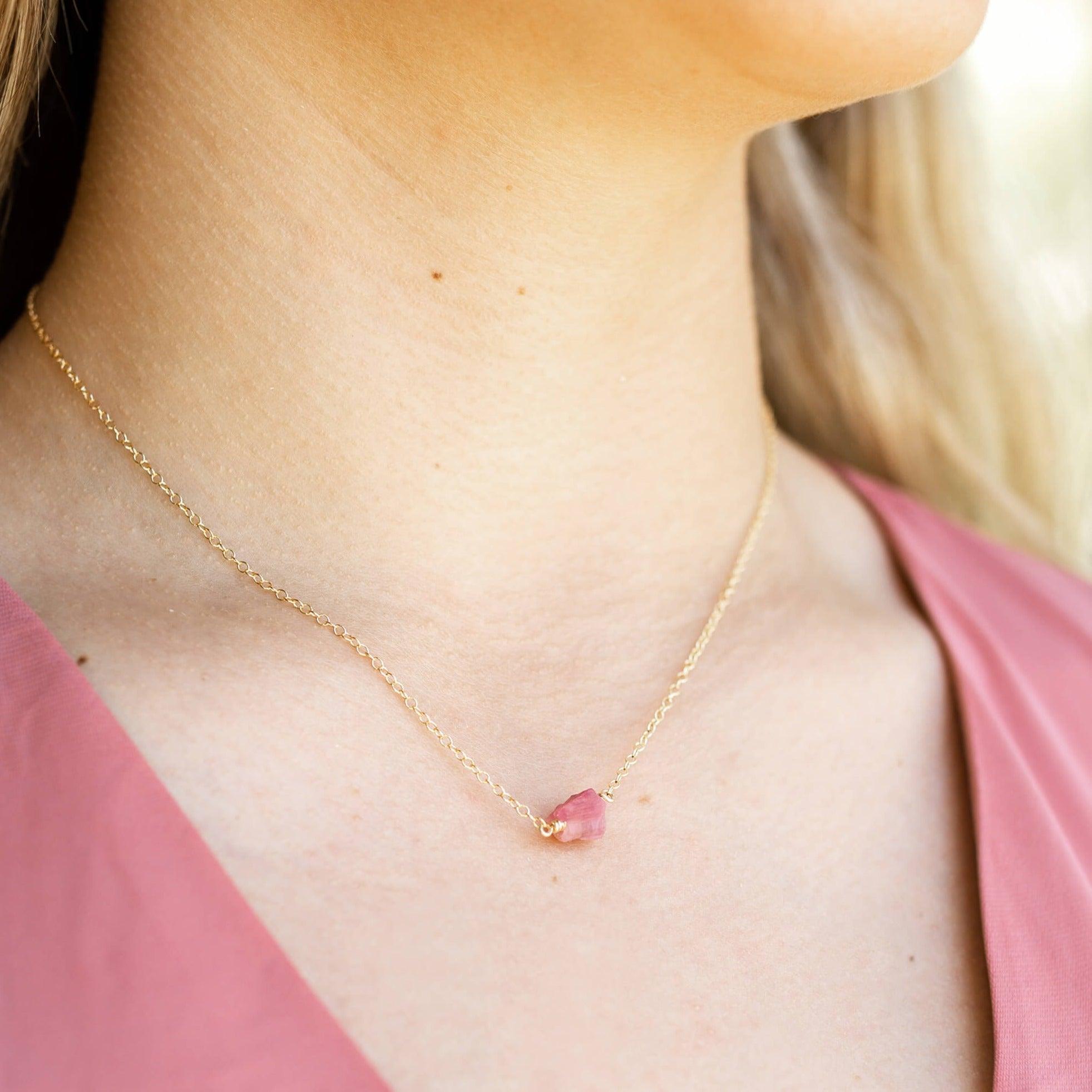 Tiny Raw Pink Tourmaline Crystal Nugget Necklace - Tiny Raw Pink Tourmaline Crystal Nugget Necklace - 14k Gold Fill - Luna Tide Handmade Crystal Jewellery