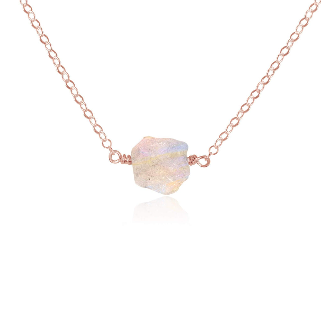 Tiny Raw Rainbow Moonstone Crystal Nugget Necklace - Tiny Raw Rainbow Moonstone Crystal Nugget Necklace - 14k Rose Gold Fill - Luna Tide Handmade Crystal Jewellery