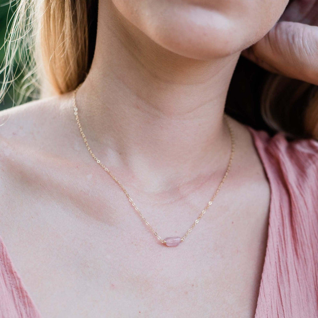 Tiny Raw Rose Quartz Crystal Nugget Necklace - Tiny Raw Rose Quartz Crystal Nugget Necklace - 14k Gold Fill - Luna Tide Handmade Crystal Jewellery