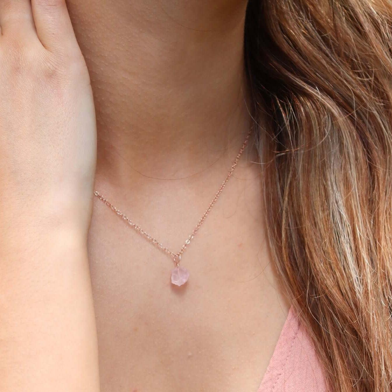 Tiny Raw Rose Quartz Pendant Necklace - Tiny Raw Rose Quartz Pendant Necklace - 14k Gold Fill / Cable - Luna Tide Handmade Crystal Jewellery