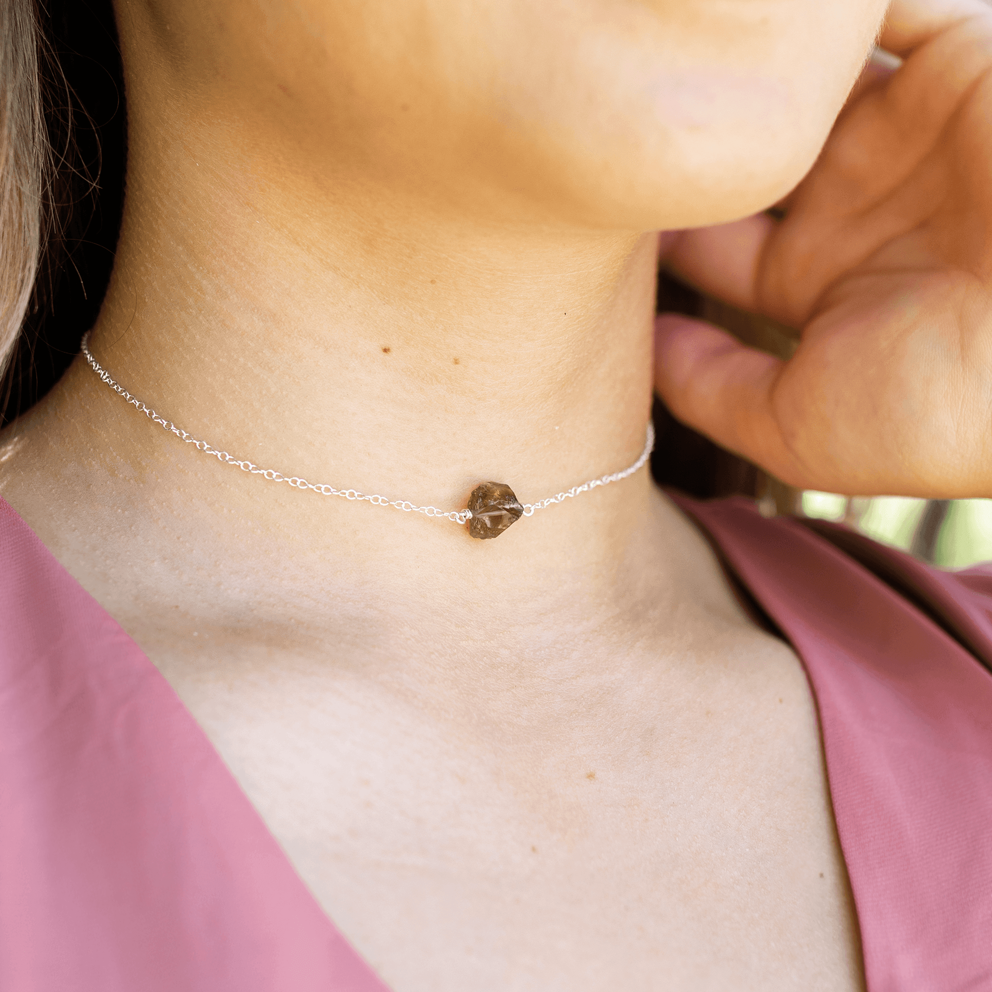 Tiny Raw Smoky Quartz Crystal Nugget Choker - Tiny Raw Smoky Quartz Crystal Nugget Choker - Sterling Silver - Luna Tide Handmade Crystal Jewellery