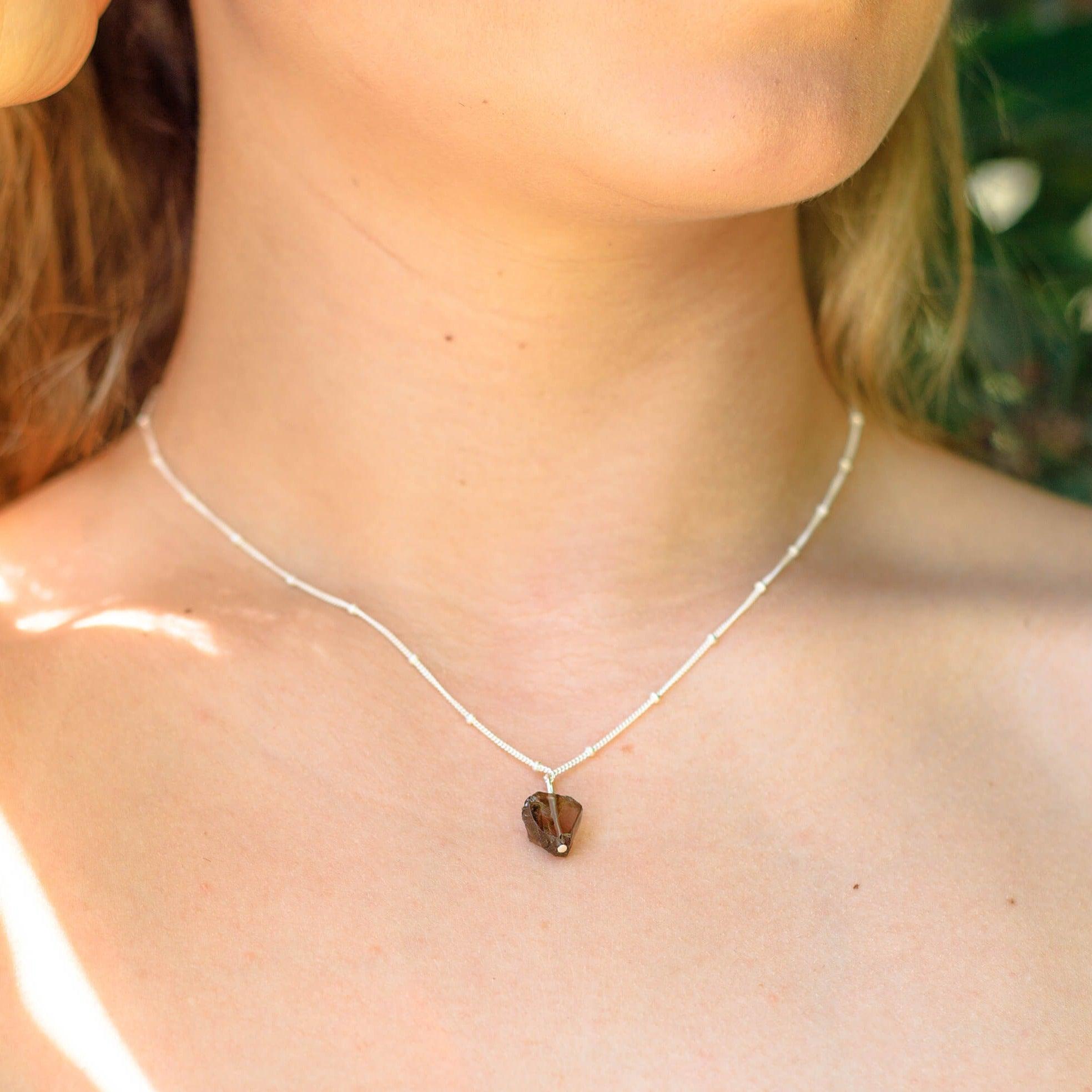 Tiny Raw Smoky Quartz Pendant Necklace - Tiny Raw Smoky Quartz Pendant Necklace - Sterling Silver / Cable - Luna Tide Handmade Crystal Jewellery
