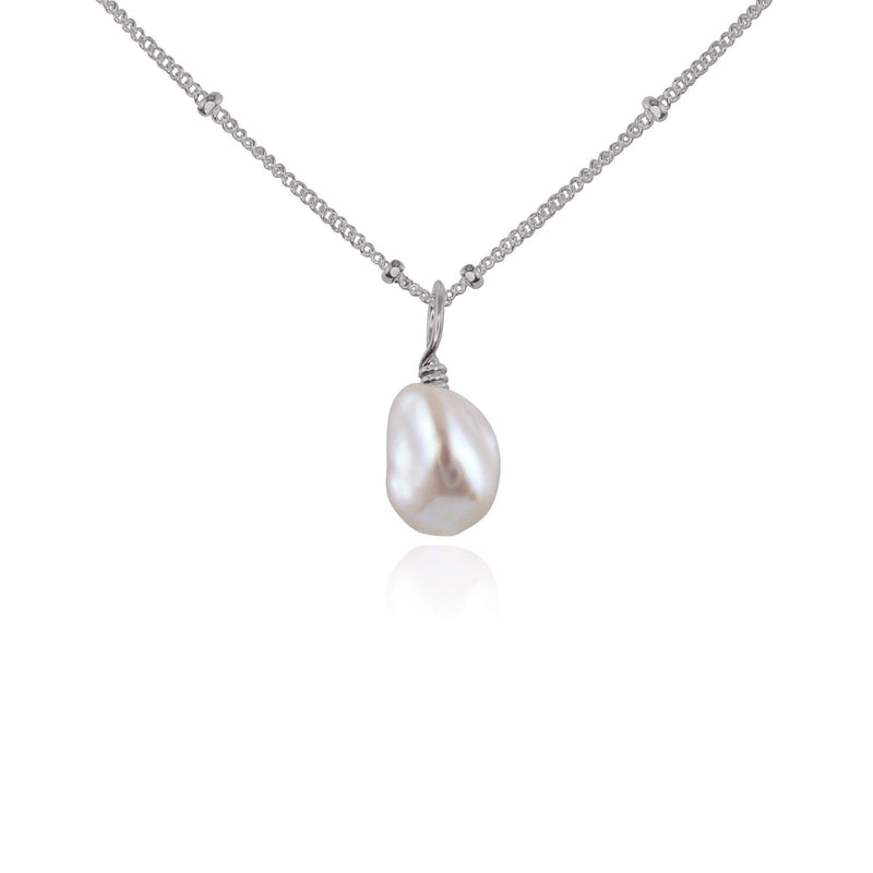 Raw Crystal Pendant Necklace - Freshwater Pearl - Stainless Steel Satellite - Luna Tide Handmade Jewellery