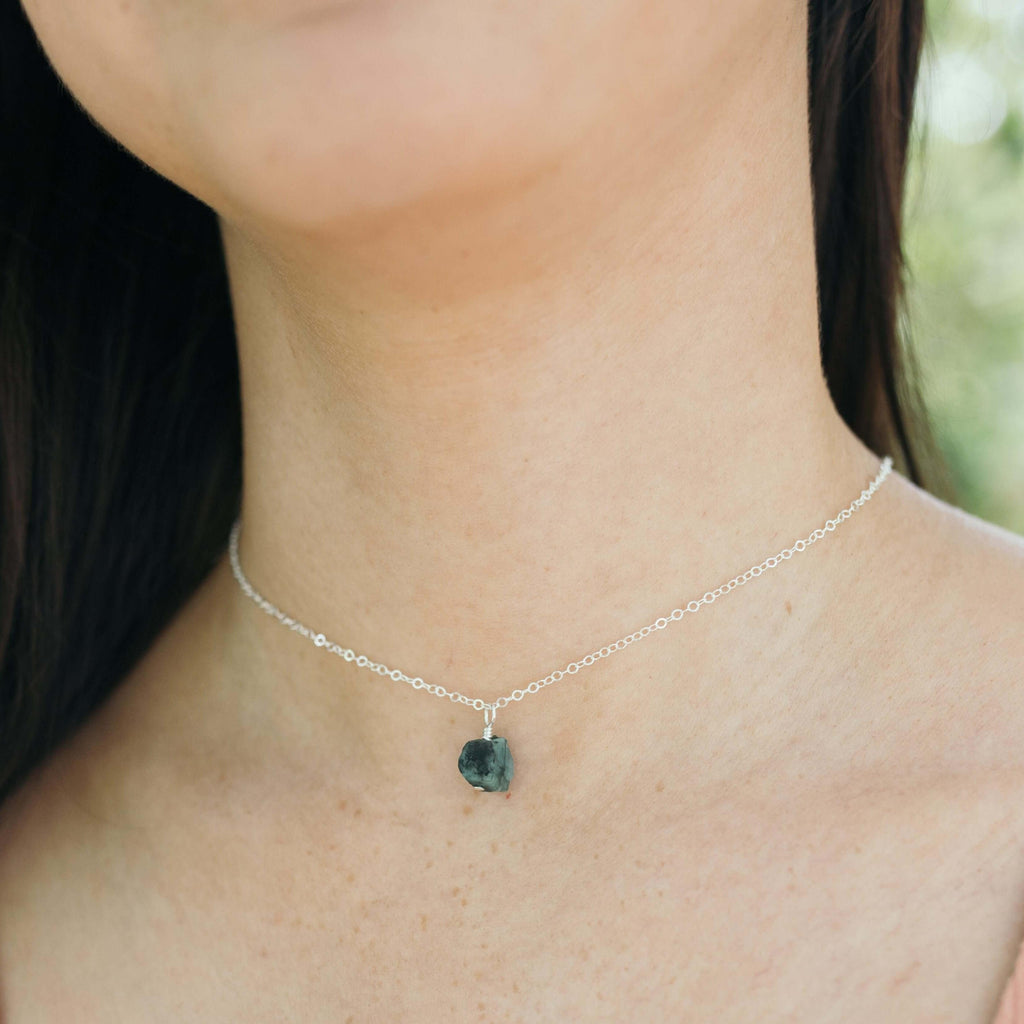 Tiny Rough Emerald Gemstone Pendant Choker - Tiny Rough Emerald Gemstone Pendant Choker - Sterling Silver / Cable - Luna Tide Handmade Crystal Jewellery