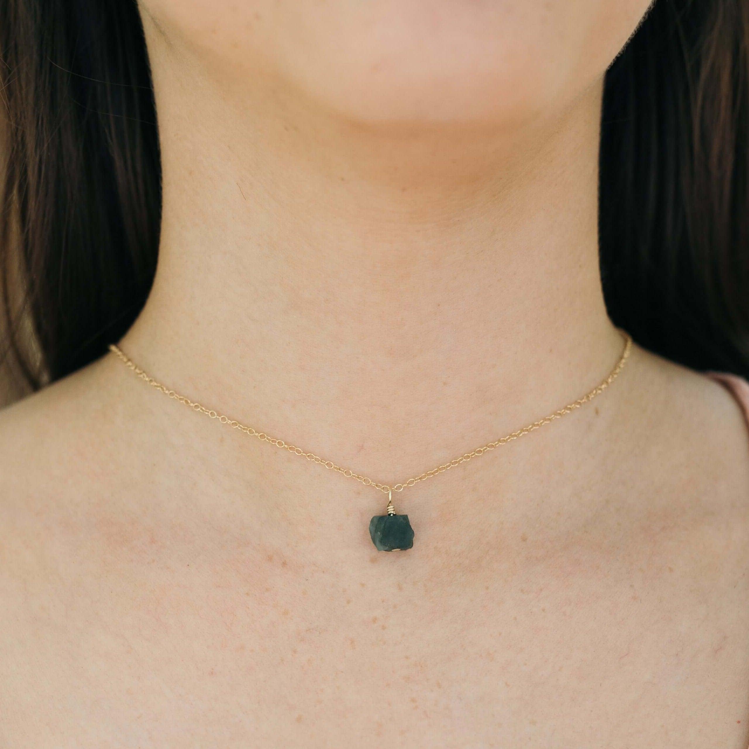 Tiny Rough Emerald Gemstone Pendant Choker - Tiny Rough Emerald Gemstone Pendant Choker - Sterling Silver / Cable - Luna Tide Handmade Crystal Jewellery
