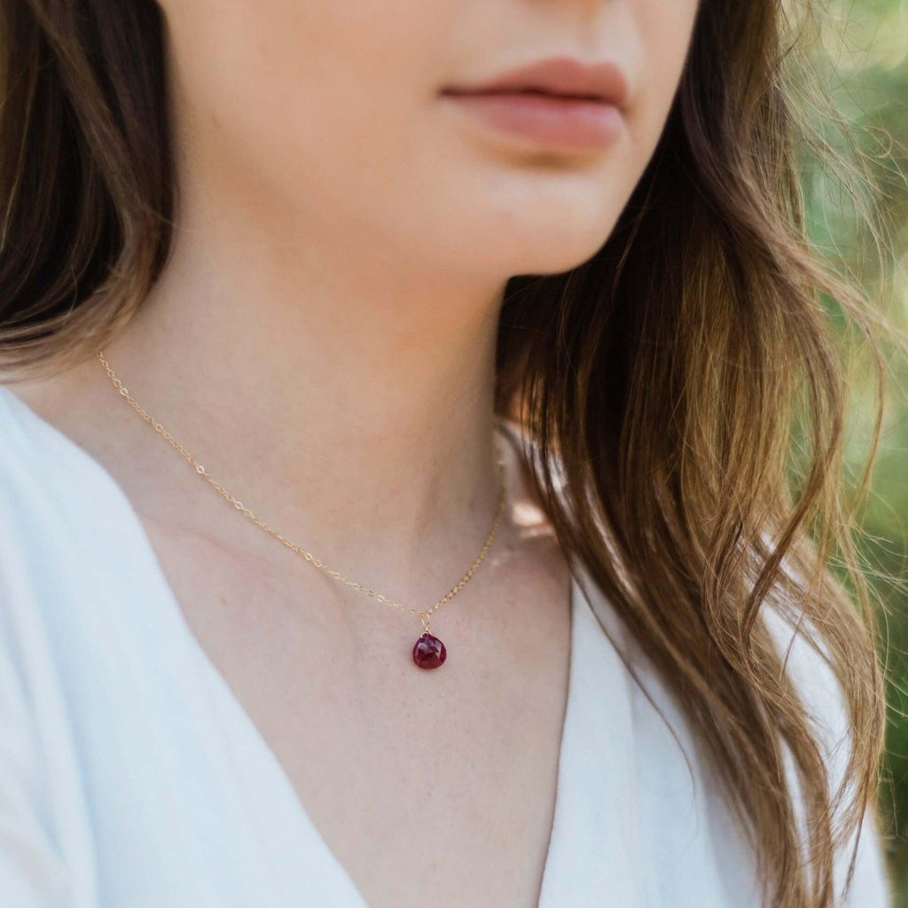 Tiny Ruby Teardrop Crystal Necklace - Tiny Ruby Teardrop Crystal Necklace - 14k Gold Fill / Cable - Luna Tide Handmade Crystal Jewellery