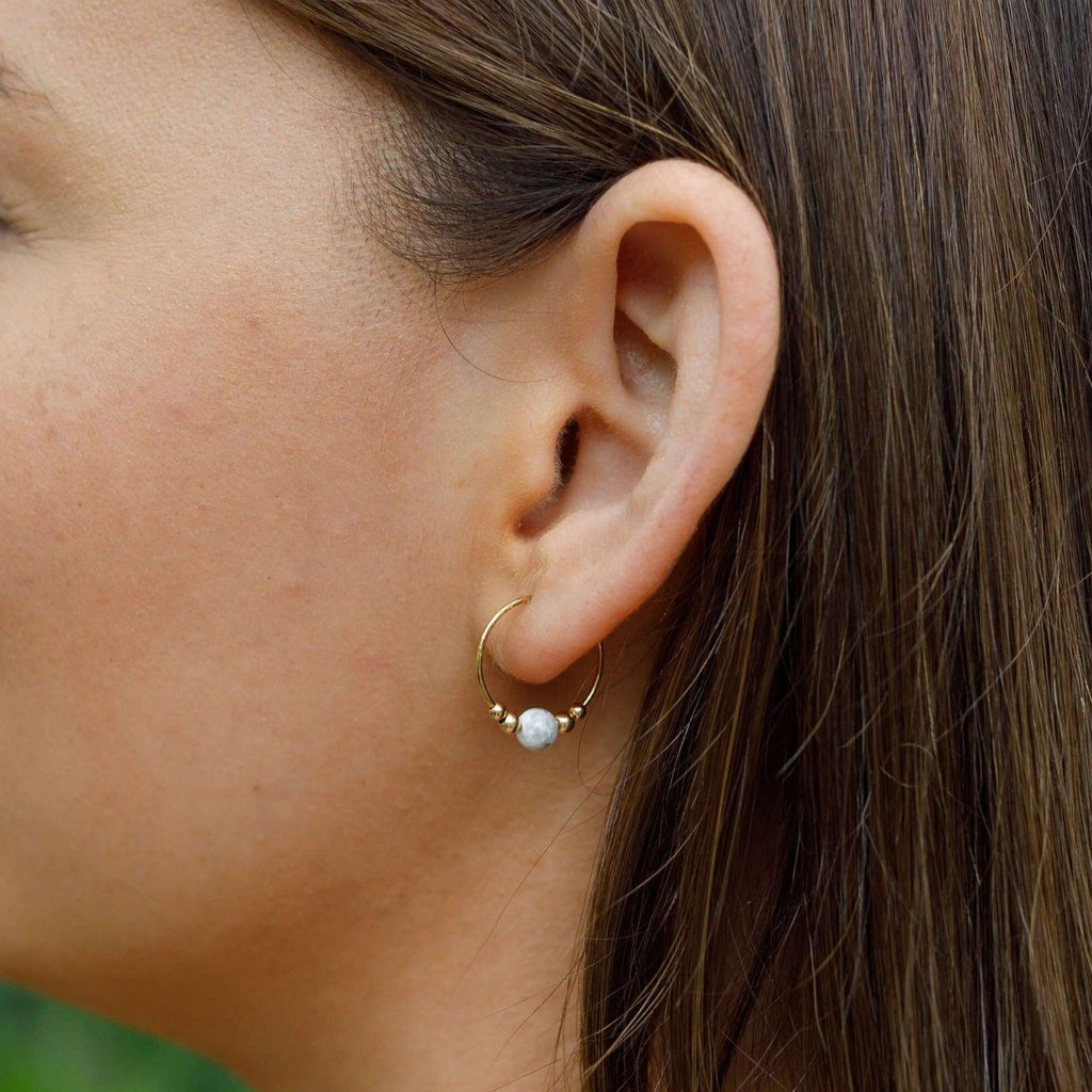 Tiny White Howlite Bead Hoop Earrings - Tiny White Howlite Bead Hoop Earrings - 14k Gold Fill - Luna Tide Handmade Crystal Jewellery