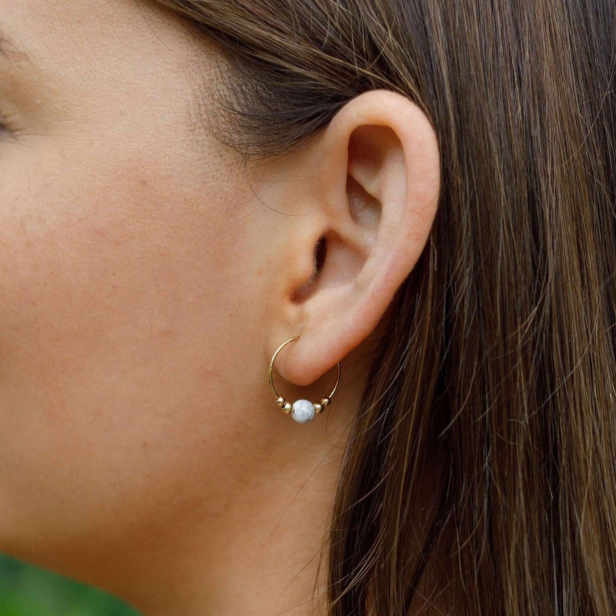 Tiny White Howlite Bead Hoop Earrings - Tiny White Howlite Bead Hoop Earrings - 14k Gold Fill - Luna Tide Handmade Crystal Jewellery