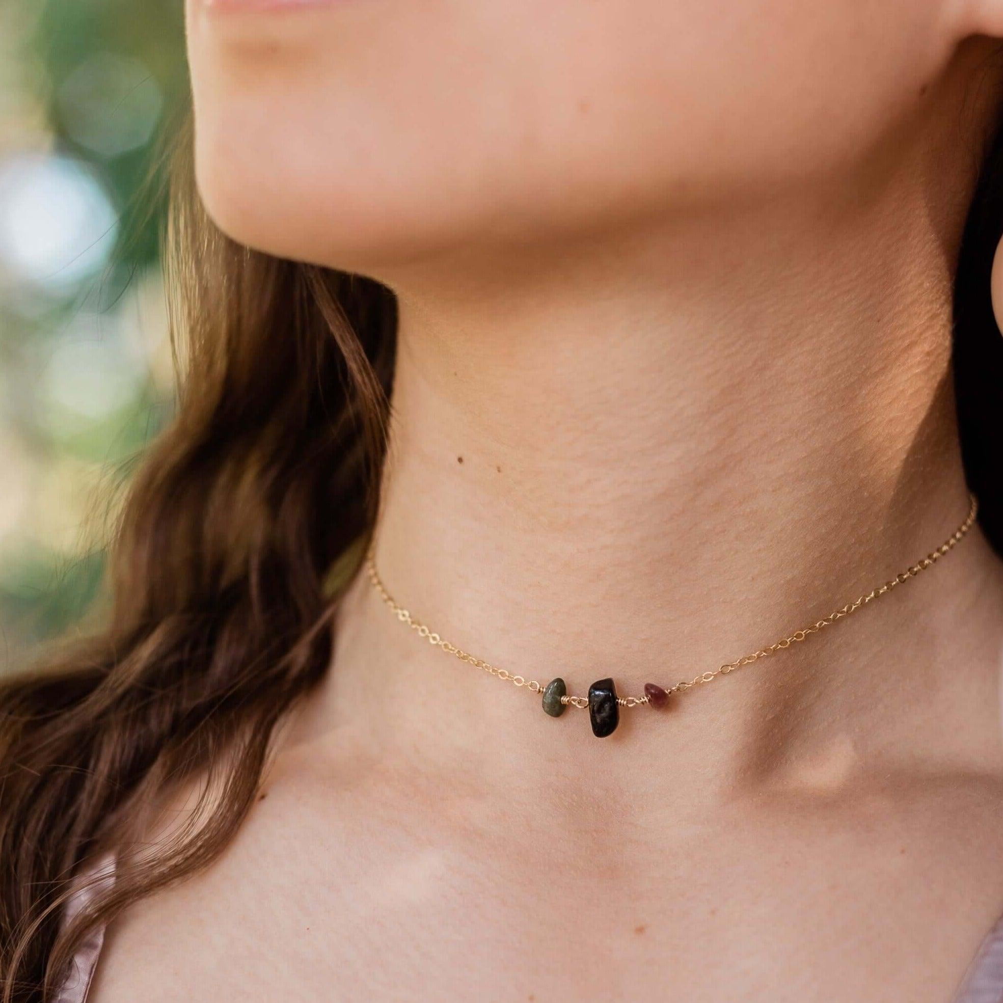 Tourmaline Beaded Chain Choker Necklace - Tourmaline Beaded Chain Choker Necklace - Sterling Silver - Luna Tide Handmade Crystal Jewellery