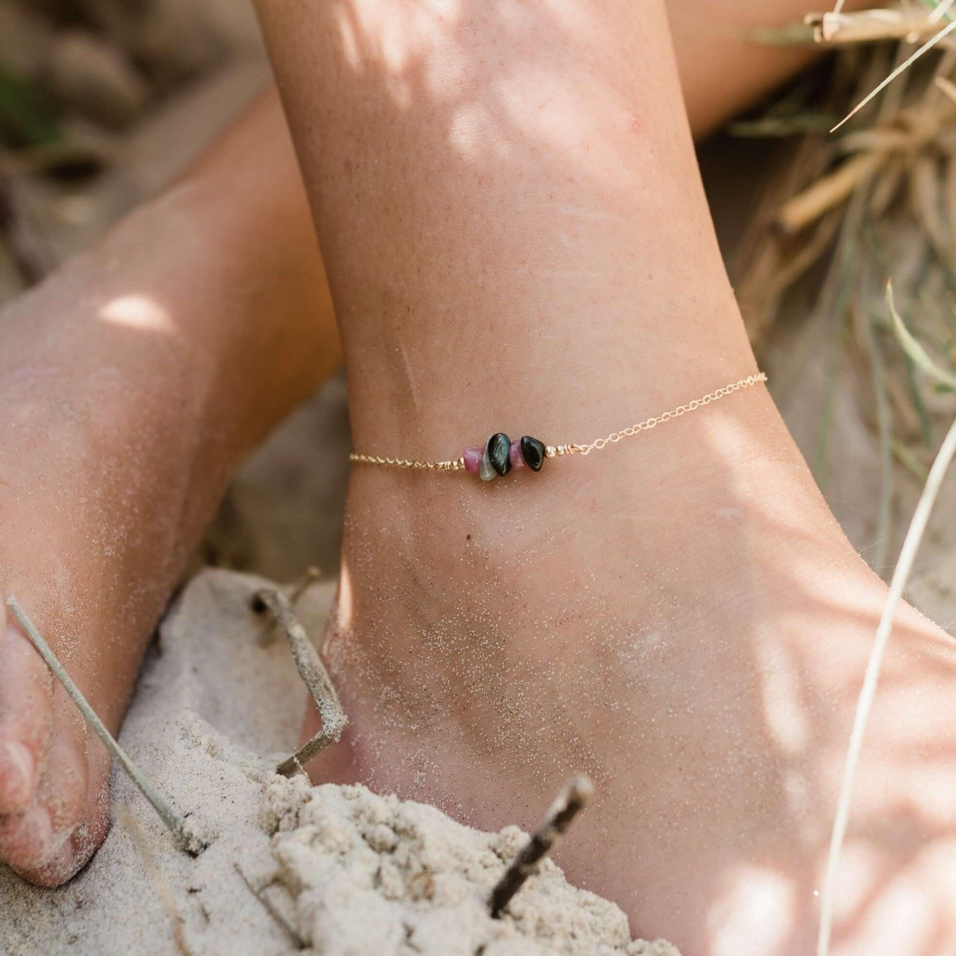 Tourmaline Chip Bead Bar Anklet - Tourmaline Chip Bead Bar Anklet - 14k Gold Fill - Luna Tide Handmade Crystal Jewellery