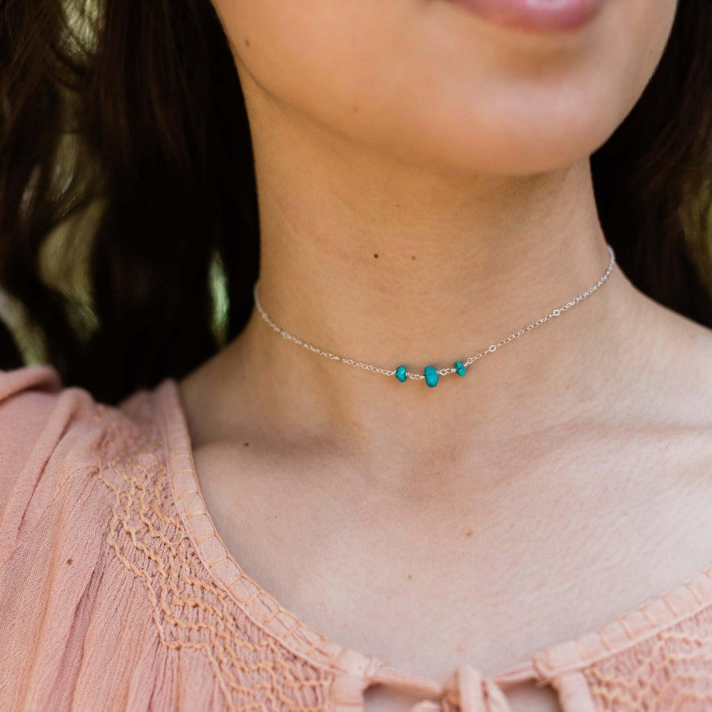 Turquoise Beaded Chain Choker Necklace - Turquoise Beaded Chain Choker Necklace - Sterling Silver - Luna Tide Handmade Crystal Jewellery