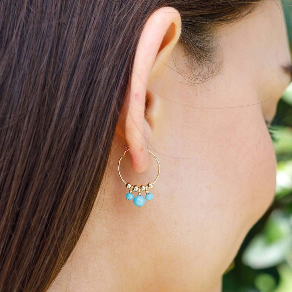 Turquoise Gemstone Bead Drop Hoop Earrings - Turquoise Gemstone Bead Drop Hoop Earrings - Sterling Silver - Luna Tide Handmade Crystal Jewellery