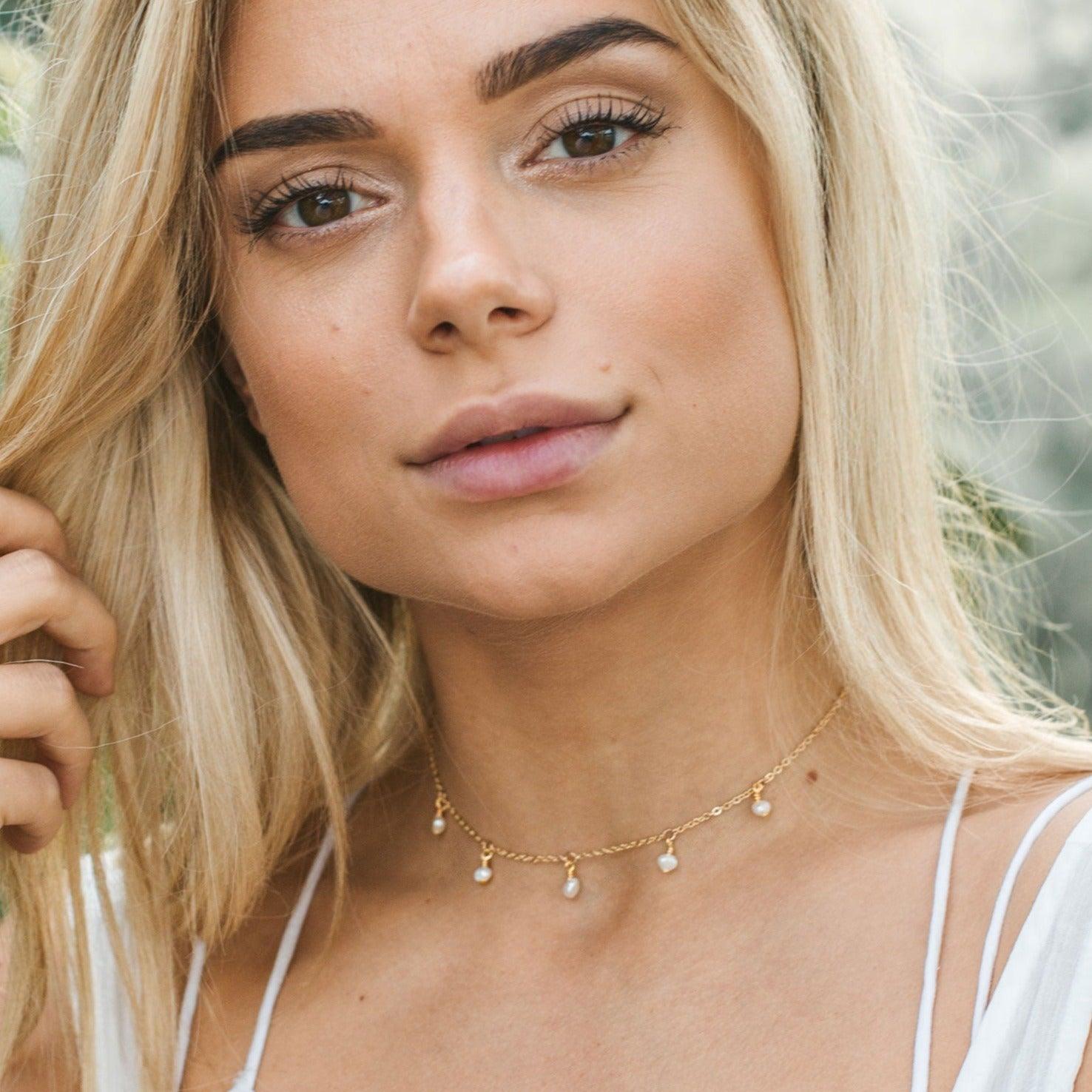White Freshwater Pearl Bead Drop Choker - White Freshwater Pearl Bead Drop Choker - 14k Gold Fill - Luna Tide Handmade Crystal Jewellery