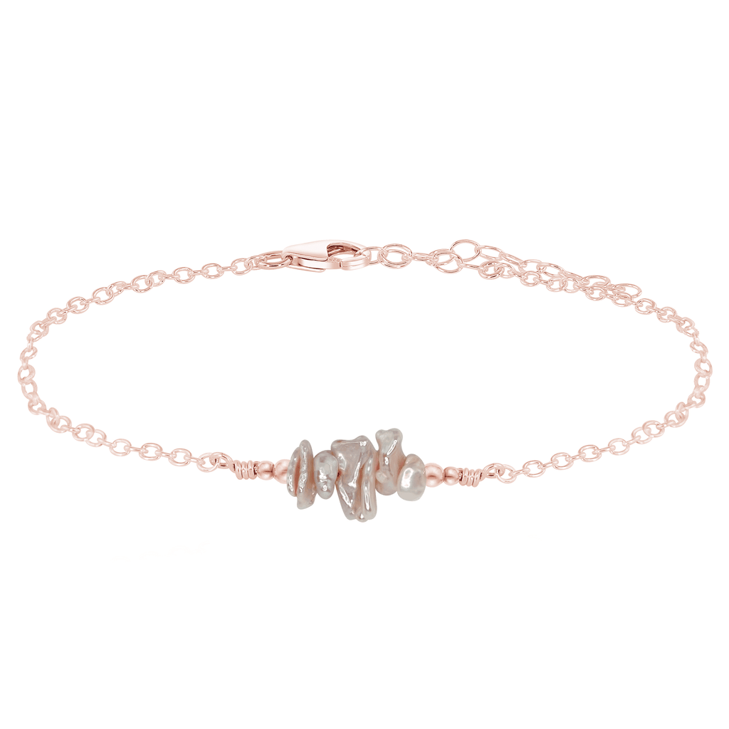 White Freshwater Pearl Chip Bead Bar Anklet - White Freshwater Pearl Chip Bead Bar Anklet - 14k Rose Gold Fill - Luna Tide Handmade Crystal Jewellery