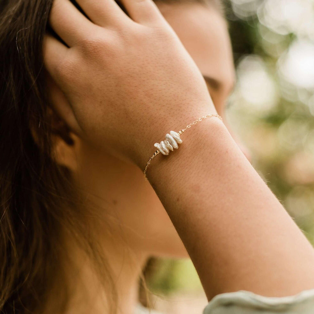 White Freshwater Pearl Chip Bead Bar Bracelet - White Freshwater Pearl Chip Bead Bar Bracelet - 14k Gold Fill - Luna Tide Handmade Crystal Jewellery