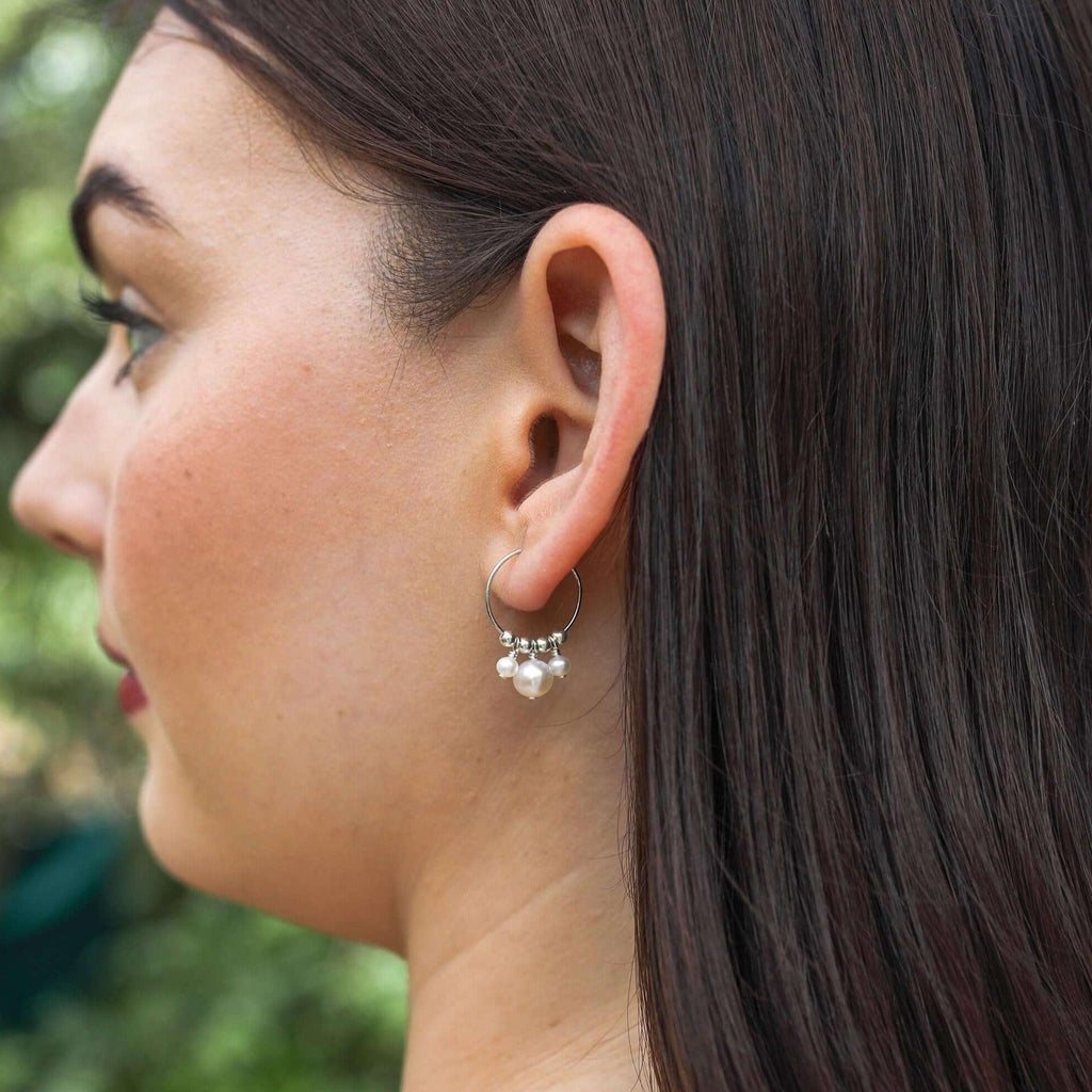 White Freshwater Pearl Gemstone Bead Drop Hoop Earrings - White Freshwater Pearl Gemstone Bead Drop Hoop Earrings - 14k Gold Fill - Luna Tide Handmade Crystal Jewellery